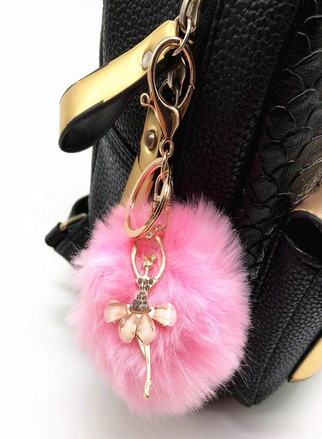 VesipaFly Faux Fox Fur Pom Pom Ball Keychain with Ballet Dancer Purse Bag Charm Fluffy Ball Key Chain for Women Bag or Cellphone or Car Pendant (Pink) - Image 4
